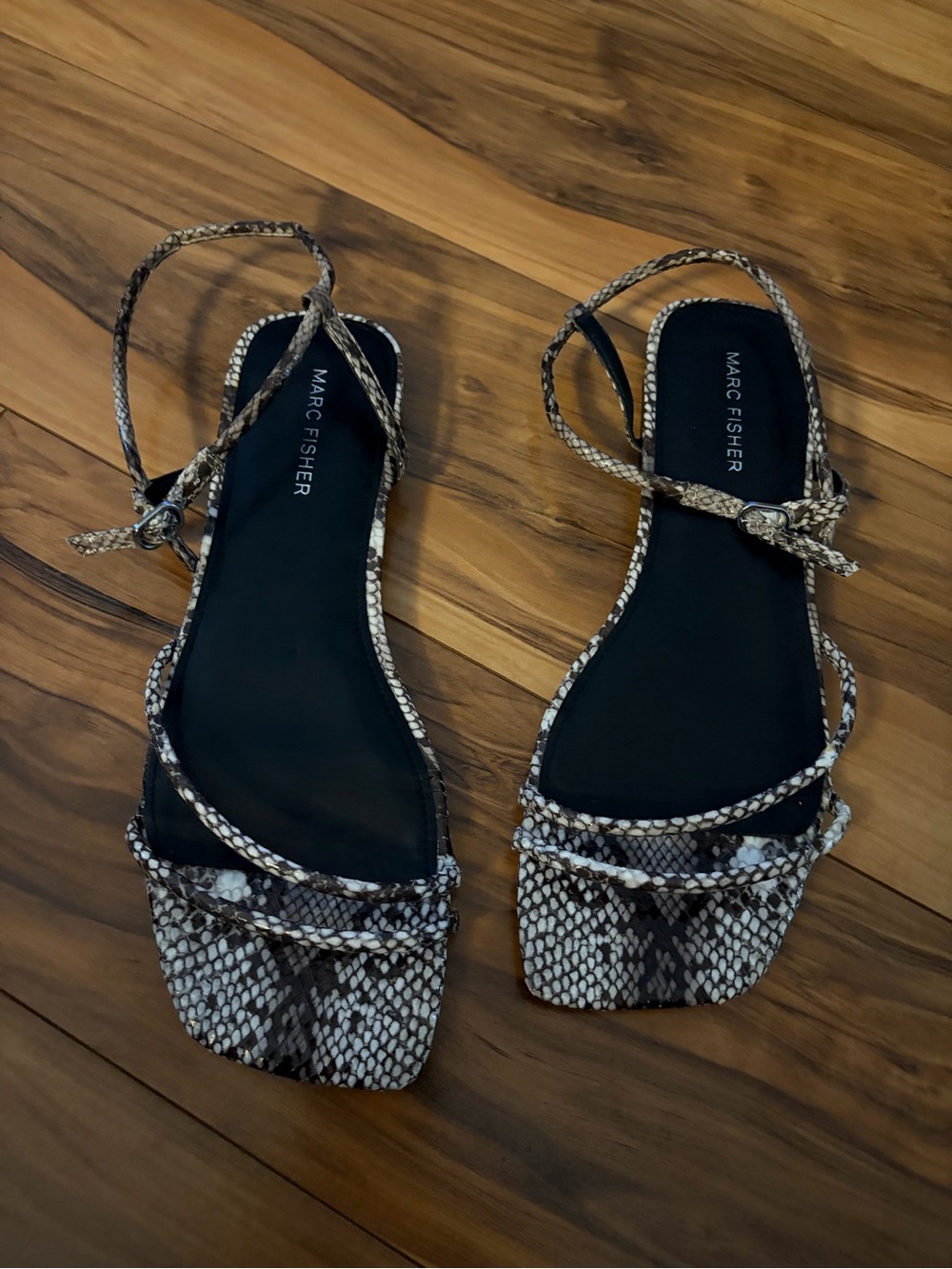 Marc Fisher Snake-Print Strappy Sandals in Brown and Black